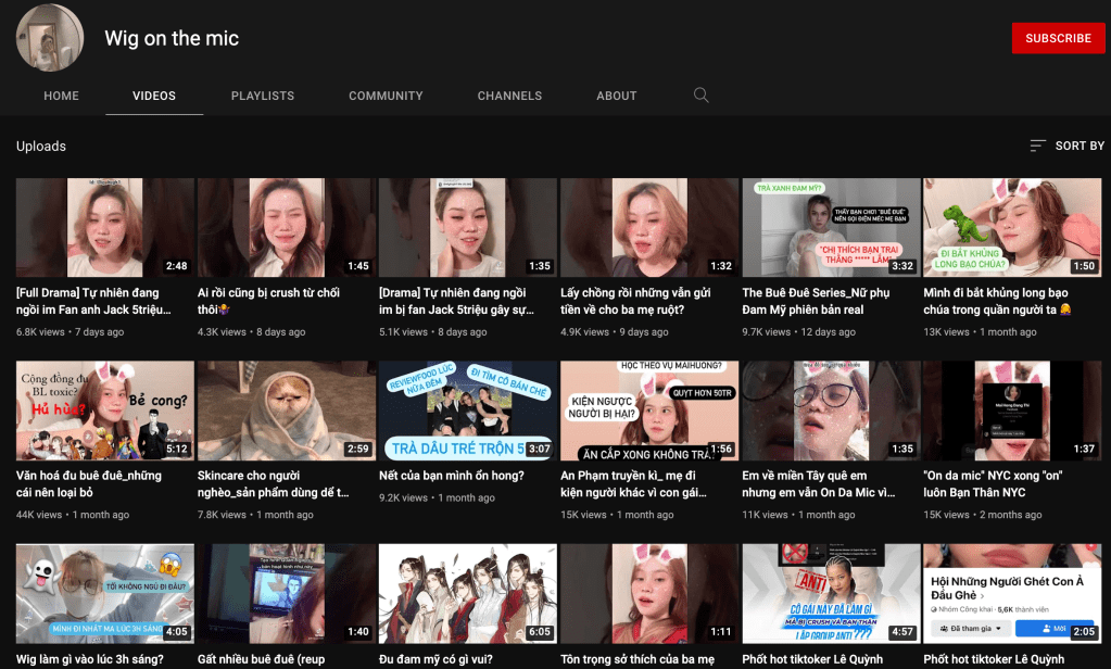 kênh Wig on the mic của một cô bé (hình như) sinh năm 2K. Bắt nguồn từ việc đơn giản mong muốn "bóc phốt" một TikToker khác sống không phải với mình, sau cô bé giữ nguyên phong cách "xéo xắt" của mình để nói về góc nhìn cá nhân đối với cuộc sống đăng lên. 